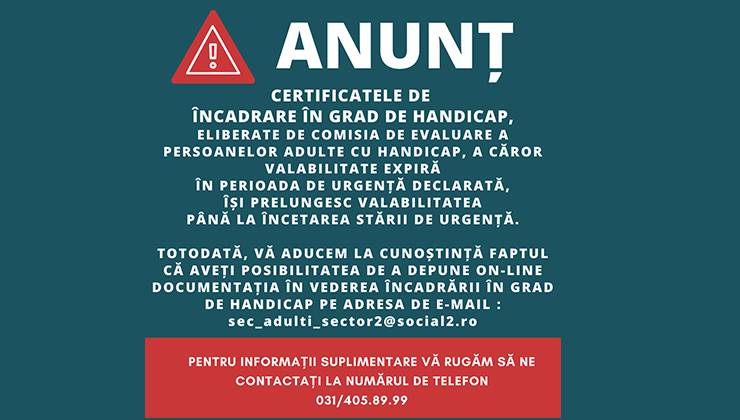 ANUNȚ – Certificate de încadrare în grad de handicap